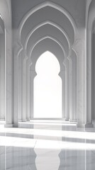 Fototapeta premium A serene white hallway with arched doorways, evoking tranquility and elegance.