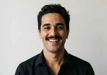 Obraz premium A smiling man with a mustache wearing a black shirt against a plain white background portrait view