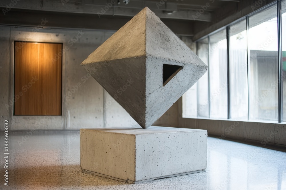 Poster geometric sculpture: concrete diamond rests point down on a concrete cube inside a modern building. 