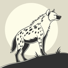 Elegant Hyena Side View, Standing on Hill, Black and White, Circle Backdrop