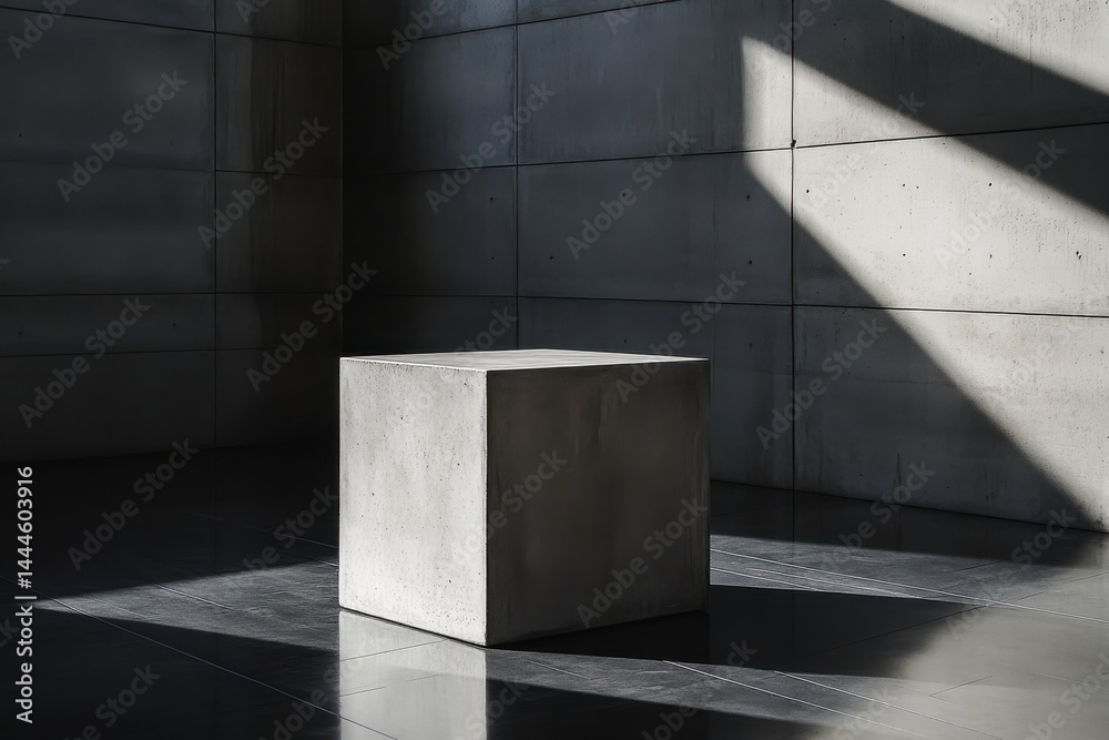 Poster concrete cube in an architectural space, bathed in sunlight, showcases a modern, minimalist design a