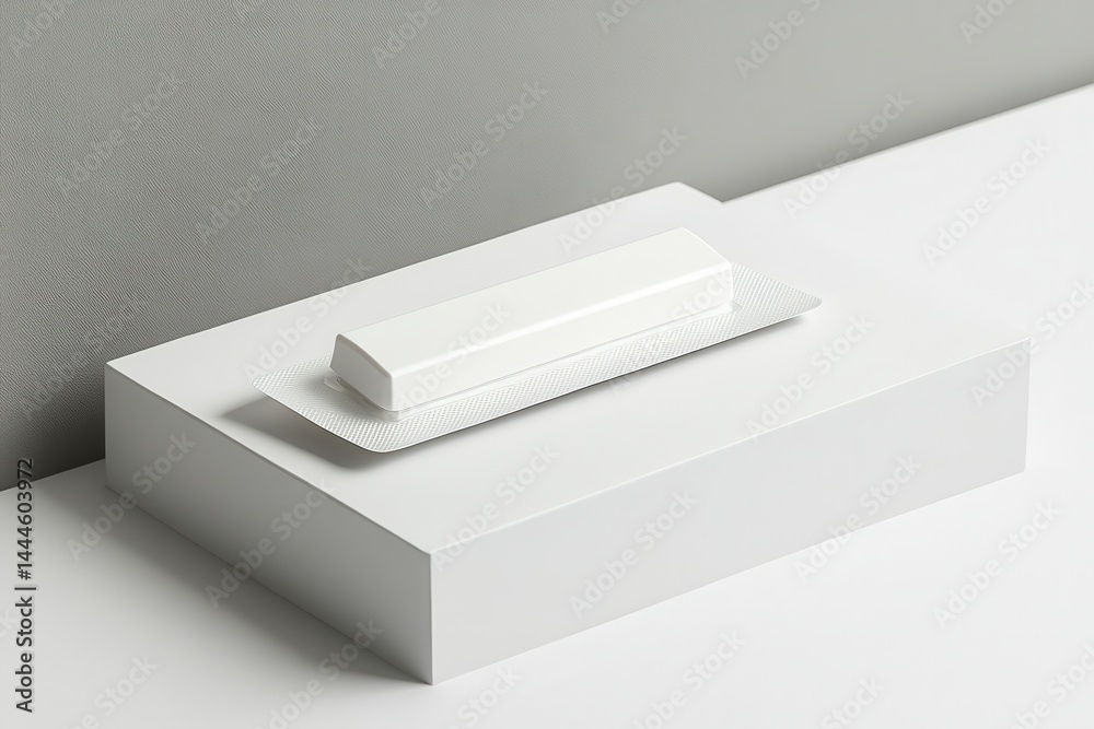 Poster simple presentation of a product against a minimal background. neutral color scheme, on pedestal, fo
