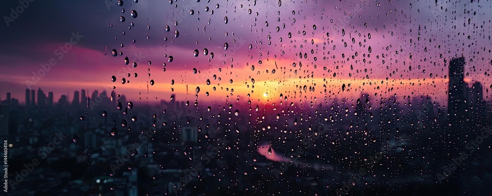 Poster raindrop on a window showing city landscape and emotional texture concept. a stunning sunset view th