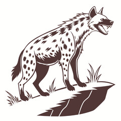Hyena Walking Line Art Illustration, Aggressive Wildlife Animal on Rock with Grasses