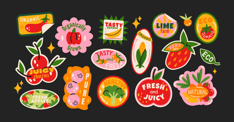 Fruit label stickers in retro cartoon style. Paper tags, fruit names, price stickers, colorful badges, grocery vibe, 90s packaging aesthetic, illustration in retro cartoon style, trendy patches.