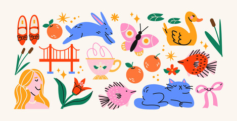  Retro hippie stickers 90s. Cartoon bright psychedelic elements, funky shapes, animals,fruits, vintage. Trendy doodle labels, patches, stamps
