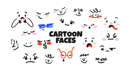 Funny cartoon faces in retro cartoon style. Expressions: sad, happy, shocked, angry. Illustration in funky, doodle style, trendy sticker set
