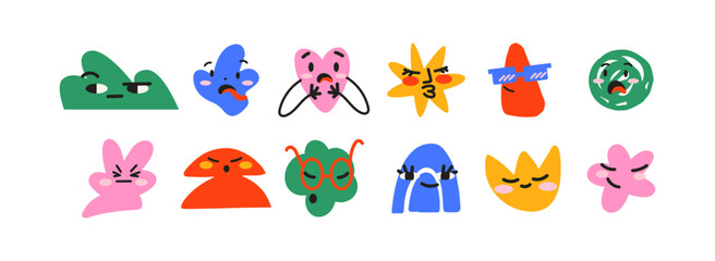 Abstract cartoon faces in retro cartoon style. Funny doodle characters with emotions: anger, surprise, sadness, joy. Colorful expressive shapes with facial expressions. Funky doodle mascots characters