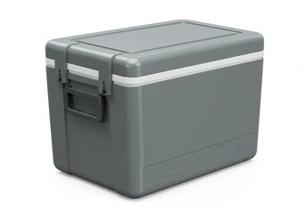 A gray cooler box with a white seal and black handle on a white background in a studio shot