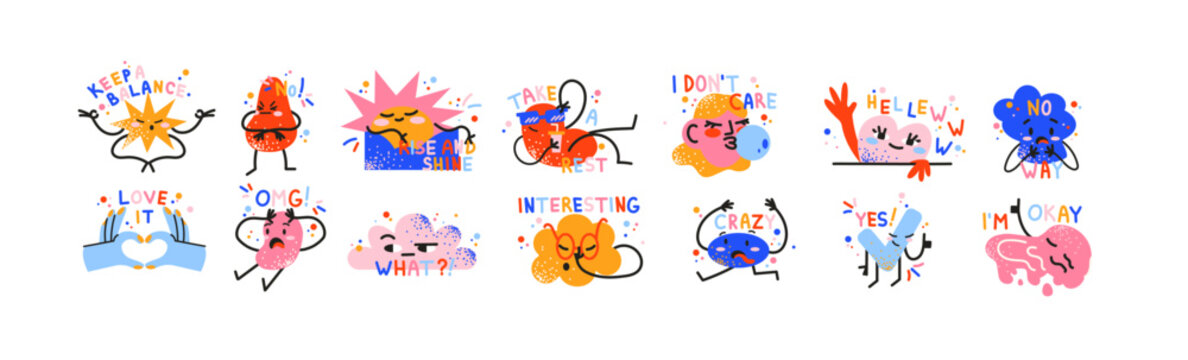 Emotional doodle stickers in retro cartoon style. Characters with phrases: OMG, no way, love it, hello, take. Funny expressions and moods. Illustration in funky, doodle style, trendy sticker set