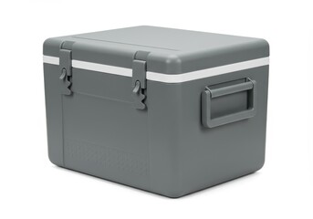 Isolated gray cooler box with white stripe and handle on a white background in studio lighting