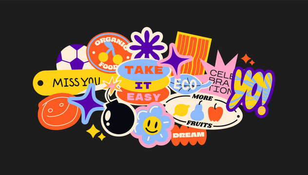 Futuristic y2k patches, labels, tags, stickers, bracelet stamps in retro style. Cartoon stickers in funky hipster groovy grunge 90s style. Vector set, trendy promo labels
