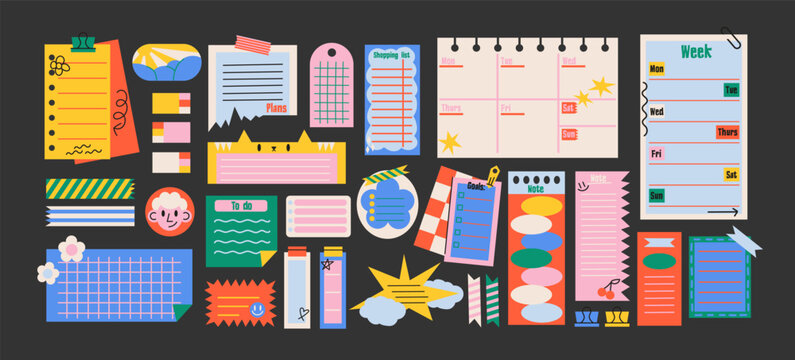 Sticky to do notes and scrapbooking elements in retro cartoon style. Note papers, torn sheets, labels, memo shapes, creative stationery, 90s journal vibe, illustration in retro cartoon style, trendy