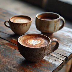 A Trio of Coffee: Three cups of hot coffee with delicate latte art, resting on a rustic wooden table, near a light-filled window.
