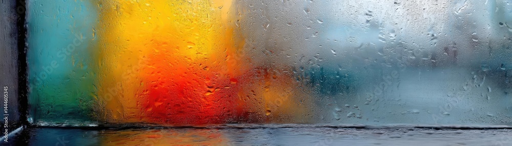 Poster raindrop on a window combining rain, mood, and urban pattern concept. vibrant colors blurred by cond