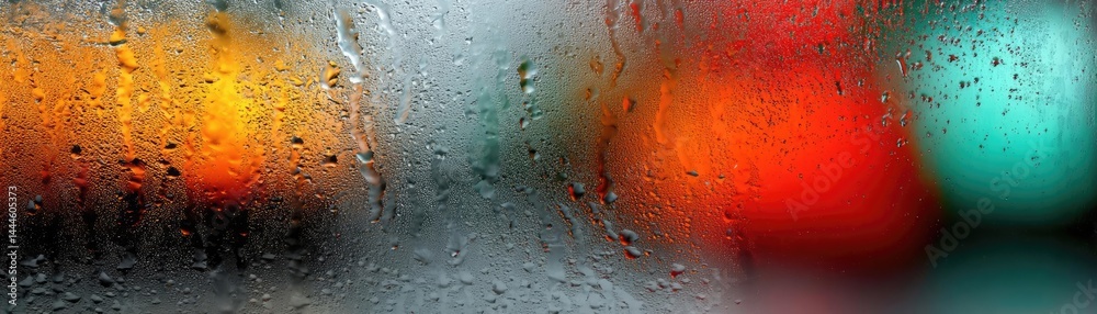 Poster Raindrop on a window combining rain, mood, and urban pattern concept. A blurred view of colorful lights through a rainy window.