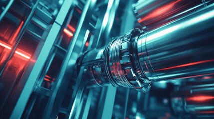Close-up of futuristic industrial machinery with blue lights and metallic pipes.