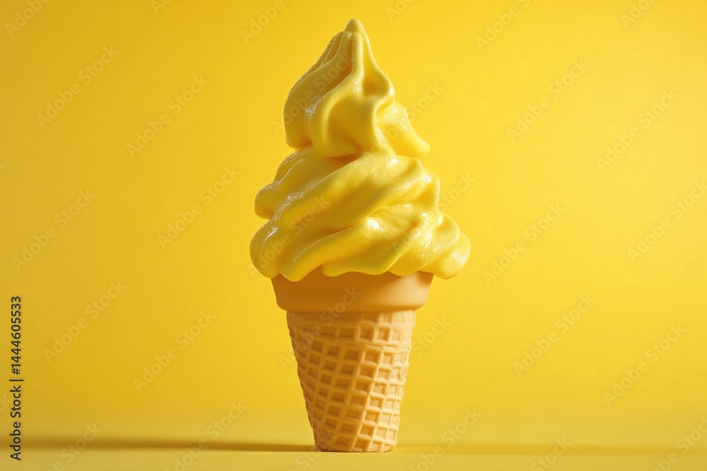 Poster a vibrant yellow cone of soft serve ice cream against a matching background creates a clean, refresh