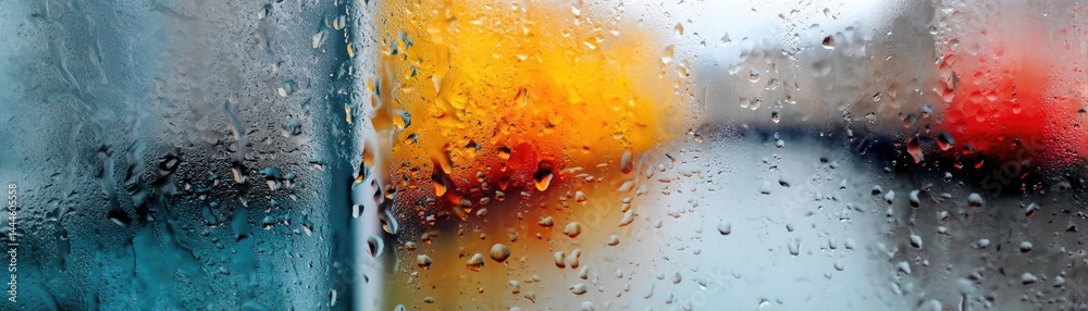 Poster Raindrop on a window combining rain, mood, and urban pattern concept. Colorful reflections through a raindrop-covered window pane.