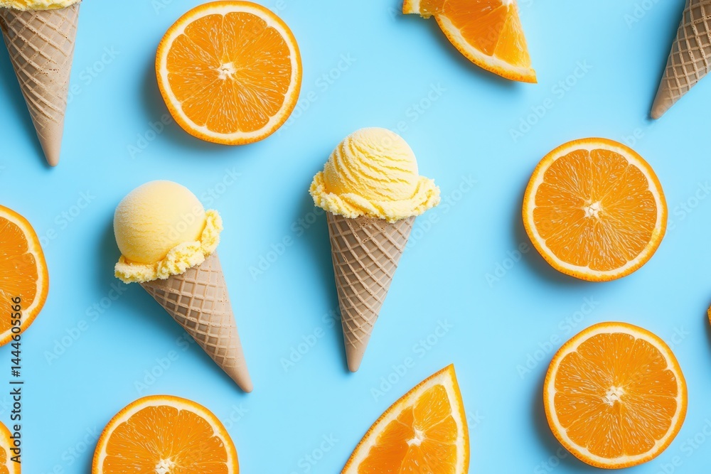 Poster bright blue backdrop featuring orange ice cream cones, orange slices, and whole oranges, creating a 