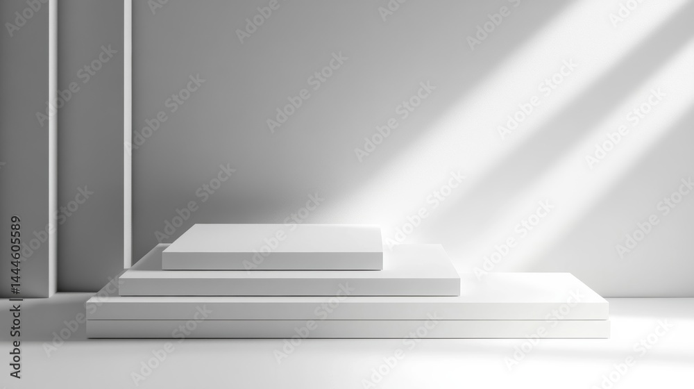 Poster minimalist white platform display with sunlight.