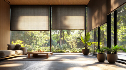 Automated solar shades covering large wood-accented windows with potted greenery