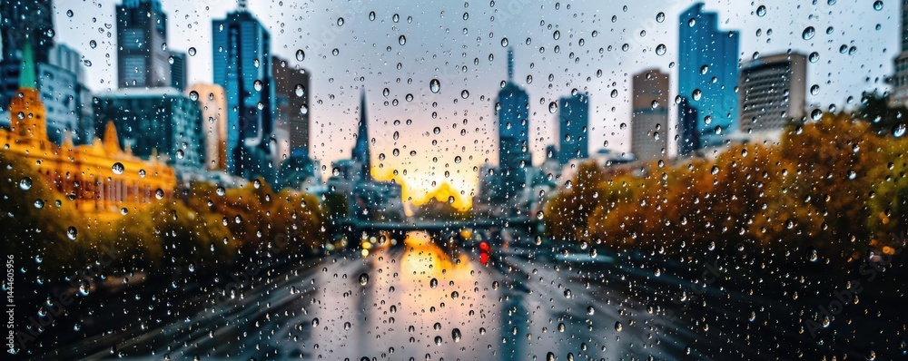 Poster raindrop on a window combining rain, mood, and urban pattern concept. city skyline with rain droplet