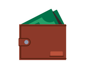 Closed leather wallet with visible cash, dollar bills sticking out, financial savings, money pouch, banking accessory, currency note storage, personal finance item flat vector illustration.
