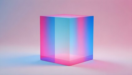 A colorful, translucent cube is displayed against a soft, gradient background in a studio setting.
