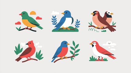 A Vector Illustration of a pairs birds. Featuring Five Parallel Architectural Panels with Dynamic Urban Elements