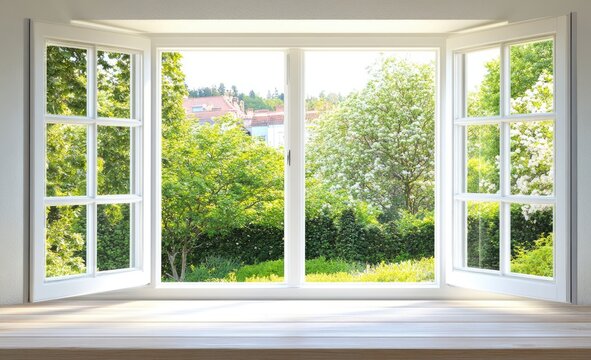 Fototapeta Wide, white, windowed view of a sunny garden  A light wooden sill frames the view, showcasing lush greenery and buildings beyond