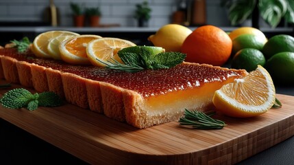 Delicious fruit tart on a wooden cutting board.