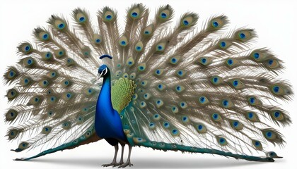 Obraz premium Spectacular peacock with a full, vibrant display of colorful feathers stands out against a white backdrop.