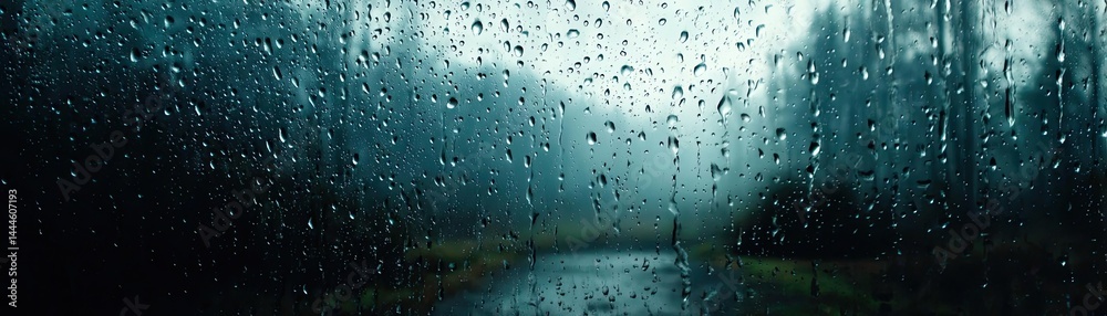 Poster Raindrop on a window featuring sad city mood and water texture concept. A serene view of raindrops on a window with a misty backdrop.