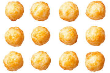 Overhead View of Fifteen Golden-Brown Round Food Items on Transparent Background, PNG