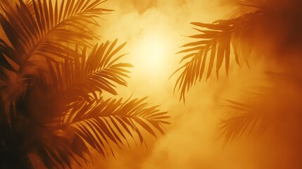 Fototapeta premium Tropical foliage silhouettes against a hazy orange glow.