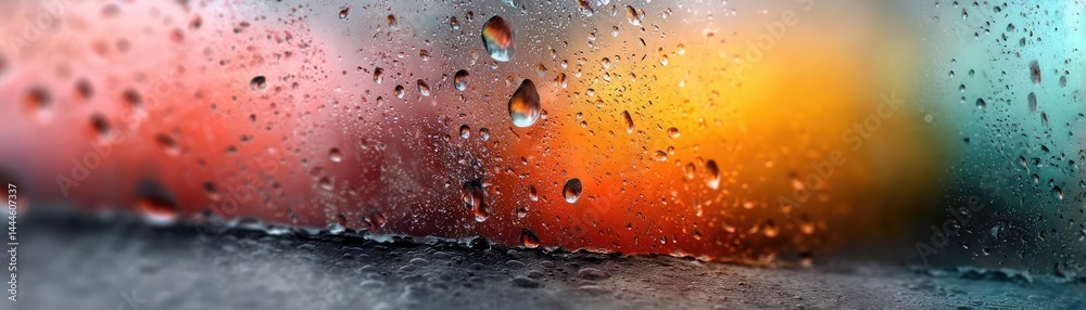 Leinwandbilder raindrop on a window featuring sad city mood and water texture concept. abstract view of colorful dr