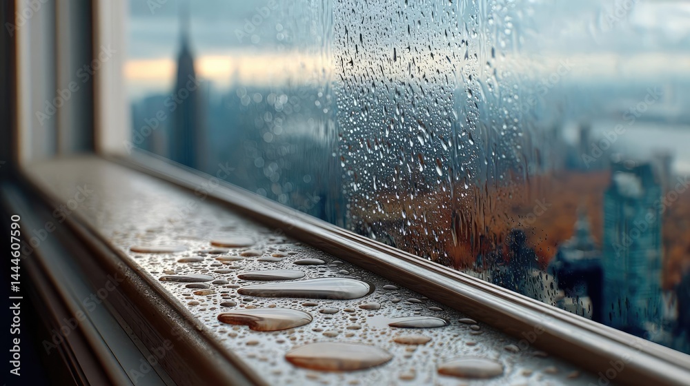 Poster Raindrop on a window showing city landscape and emotional texture concept. Raindrops on window with city view, creating a moody atmosphere.