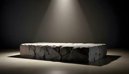 A spotlight illuminates a stone platform, casting shadows against a muted, neutral background.