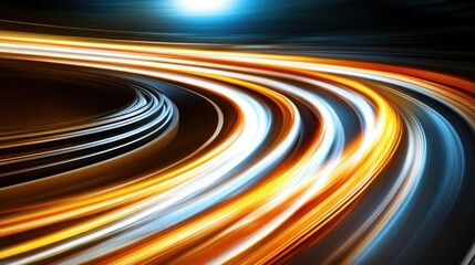 Abstract light trails forming a curving path through darkness.