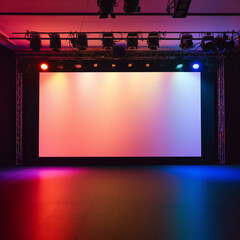 Mock-up d’écran de projection éclairé par des projecteurs rouges, bleus et violets dans une salle sombre, ambiance immersive adaptée au cinéma ou à un festival visuel avec espace négatif copyspace