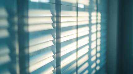 Obraz premium Close-up of modern white window blinds creating soft shadows