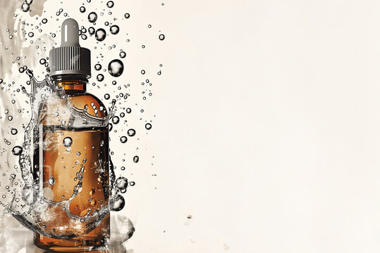 Mock-up de flacon compte-gouttes en verre ambr&eacute; &eacute;clabouss&eacute; d&rsquo;eau sur fond clair avec espace n&eacute;gatif copyspace, id&eacute;al pour pr&eacute;senter un s&eacute;rum de beaut&eacute; ou une huile essentielle