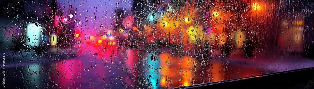 Poster raindrop on a window featuring sad city mood and water texture concept. a vibrant cityscape viewed t