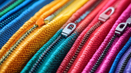 Colorful zipper sliders create a vivid background texture, ideal for themes involving sewing, fabric shops, or DIY hobbies