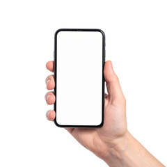 person is holding modern smartphone with blank screen, showcasing device sleek design and touch interface. image conveys sense of technology and connectivity