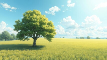 A single lush green tree stands tall in a vast golden field under a bright sunny sky with fluffy white clouds.