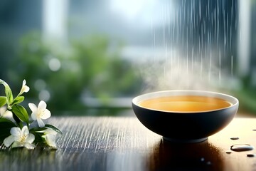 Steaming Golden Tea on Wooden Table