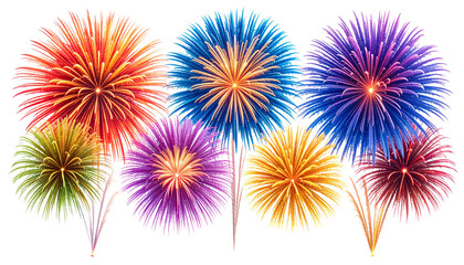 Fireworks bursting in the sky, vibrant colors, isolated on transparent background