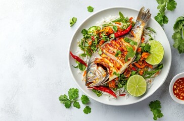 Vibrant Asian-style fish dish with chili and lime,